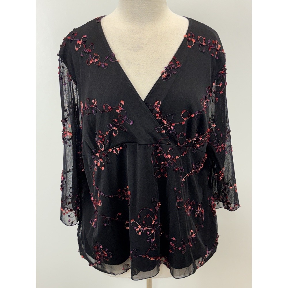 Vtg Y2K Mesh Overlay Top Shirt Women's 2X Plus Black Faux Wrap Whimsigoth Fairy